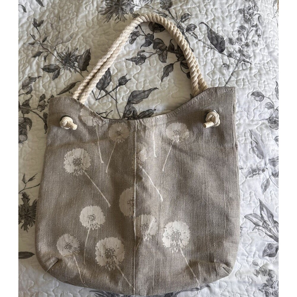 Retrofied Ivory Dandelion Print Boho Tote Bag – Warm Taupe, Rope Handles